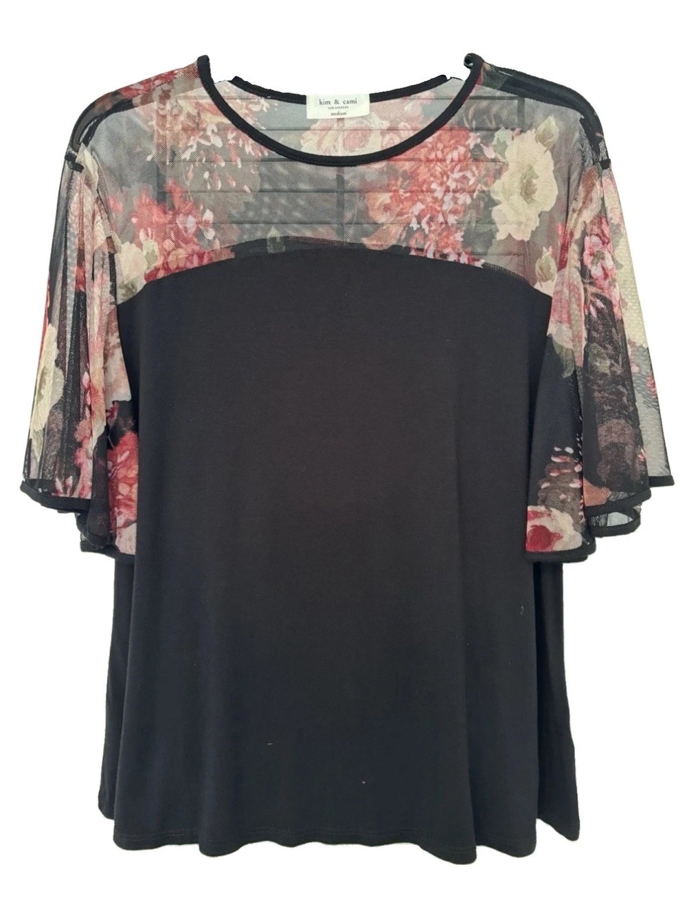 Kim & Cami Black Top with Floral Mesh Yoke and Flutter Sleeves
